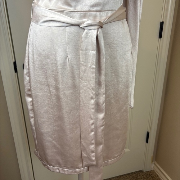 NWT Aakaa Champagne One Shoulder Lined Mini Dress w/ Ruffle Accent and Tie Belt - Picture 3 of 16